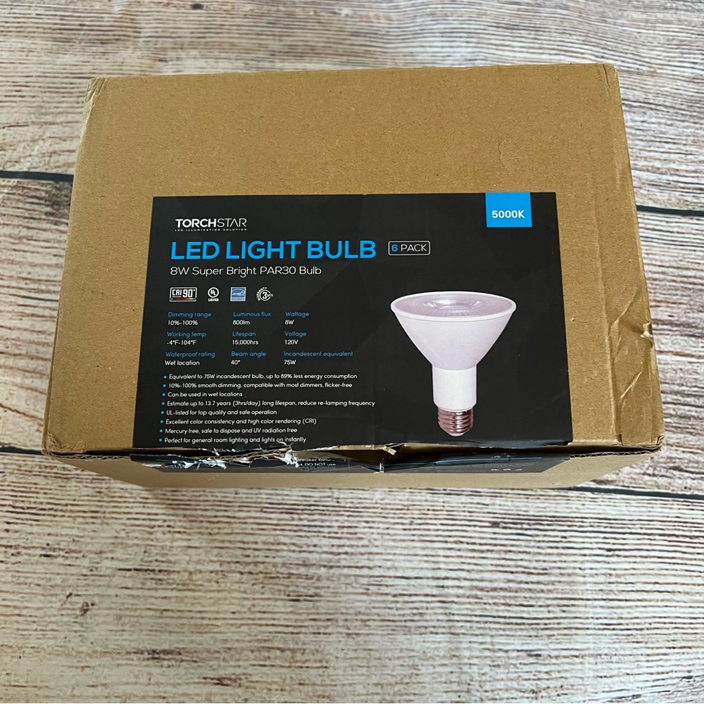 TorchStar‎ LED Light Bulb 8W Super Bright PAR30 5000K 120V (6 Pack) Dimmable OB